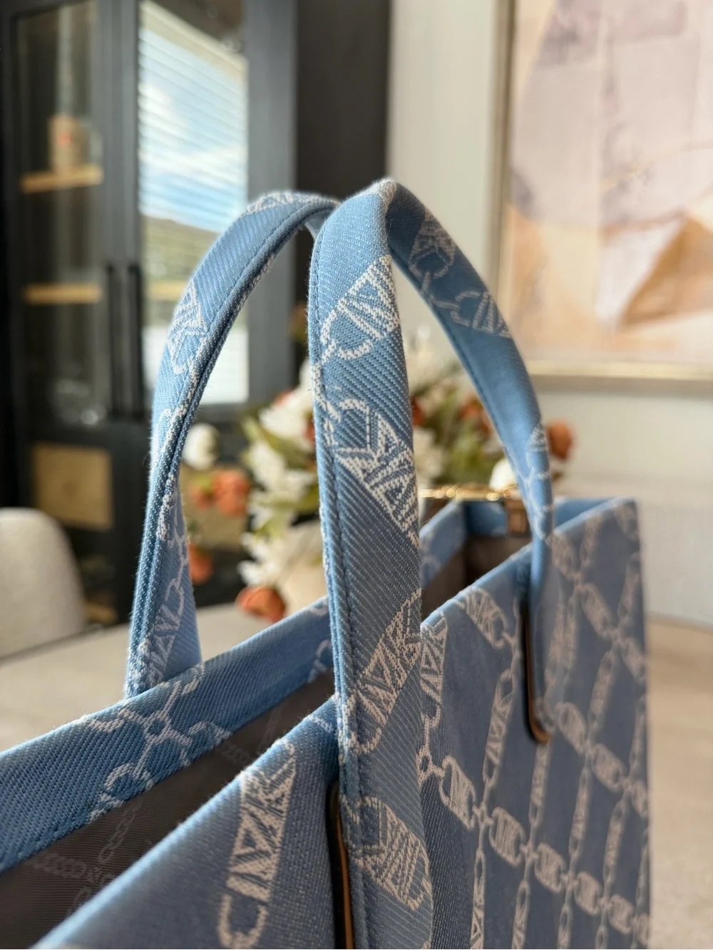 Michael Kors Light Blue Signature Canvas Tote with Tan Strap and wallet